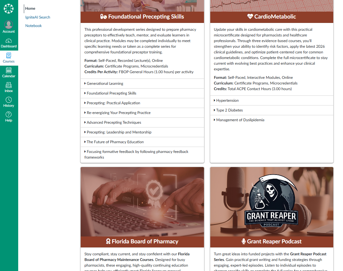 University of South Florida Canvas page with two column card layout
