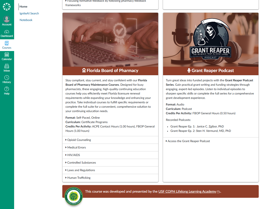 University of South Florida Canvas page with two column layout